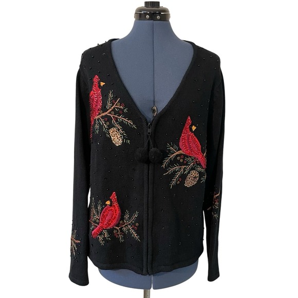 VTG Tiara International Christmas Gay Cardinal Zip Cardigan Black Red Sequin XL - Picture 4 of 12